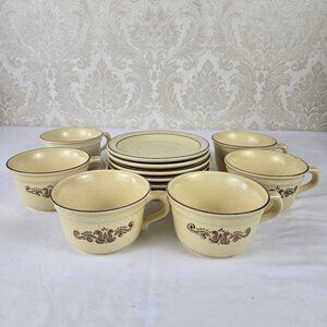 Pfaltzgraff Village Pattern Set of 6 Cups and 6 Saucers Cream Brown Pattern
